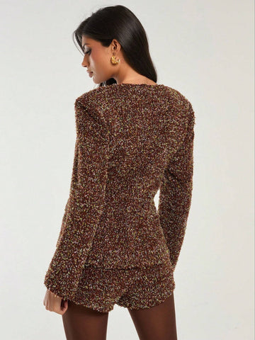 COSMINA 2pcs Women Brown Elegant Blazer And Shorts Set, Autumn/Winter