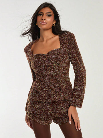 COSMINA 2pcs Women Brown Elegant Blazer And Shorts Set, Autumn/Winter