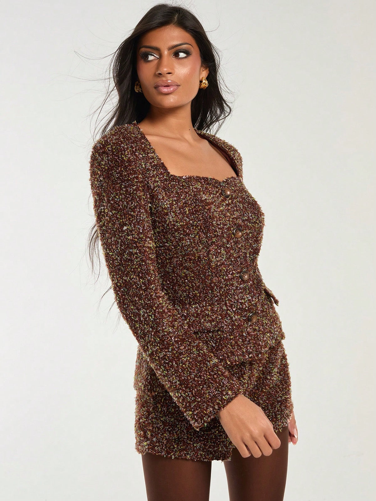 COSMINA 2pcs Women Brown Elegant Blazer And Shorts Set, Autumn/Winter