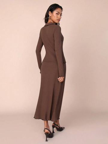 COSMINA 2pcs Women Brown Knitted Vintage Top And Skirt Set, Autumn/Winter