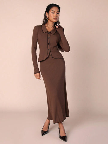 COSMINA 2pcs Women Brown Knitted Vintage Top And Skirt Set, Autumn/Winter