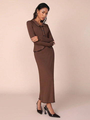 COSMINA 2pcs Women Brown Knitted Vintage Top And Skirt Set, Autumn/Winter
