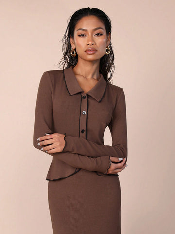 COSMINA 2pcs Women Brown Knitted Vintage Top And Skirt Set, Autumn/Winter