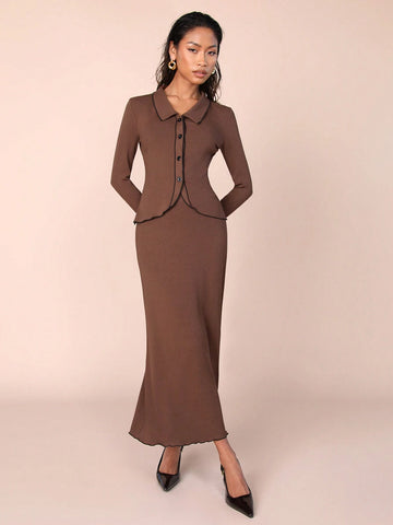 COSMINA 2pcs Women Brown Knitted Vintage Top And Skirt Set, Autumn/Winter