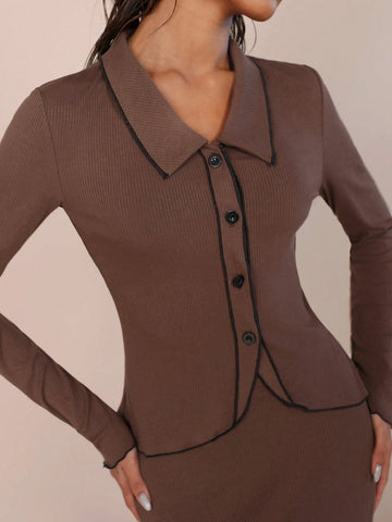 COSMINA 2pcs Women Brown Knitted Vintage Top And Skirt Set, Autumn/Winter