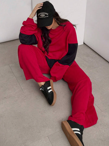 COSMINA 2pcs Women Casual Color Block Sweatshirt And Sweatpants Set, Autumn