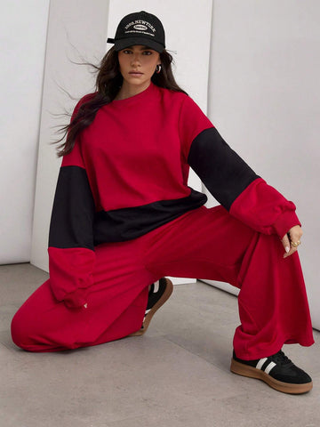 COSMINA 2pcs Women Casual Color Block Sweatshirt And Sweatpants Set, Autumn