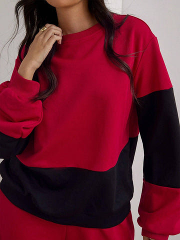 COSMINA 2pcs Women Casual Color Block Sweatshirt And Sweatpants Set, Autumn