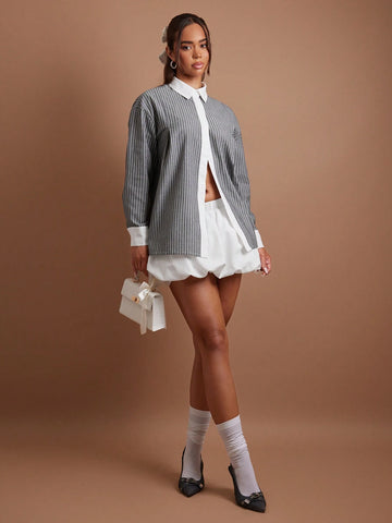 COSMINA 2pcs Women Casual Set - Striped Long Sleeve Button Down Shirt And Floral Ruched Hem Mini Skirt, Autumn