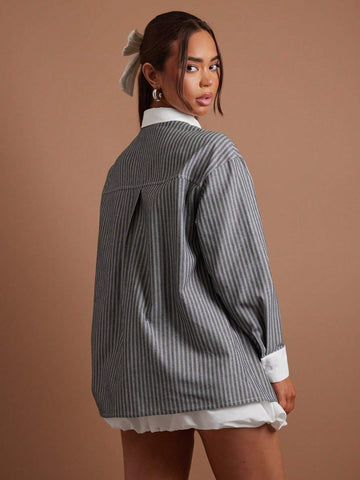 COSMINA 2pcs Women Casual Set - Striped Long Sleeve Button Down Shirt And Floral Ruched Hem Mini Skirt, Autumn