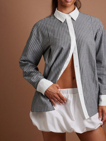 COSMINA 2pcs Women Casual Set - Striped Long Sleeve Button Down Shirt And Floral Ruched Hem Mini Skirt, Autumn