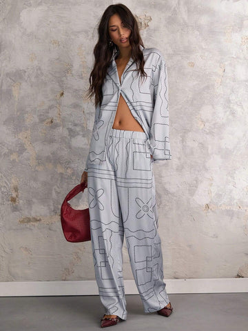 COSMINA 2pcs Women Casual Striped Print Long Sleeve Top And Pants Set, Autumn