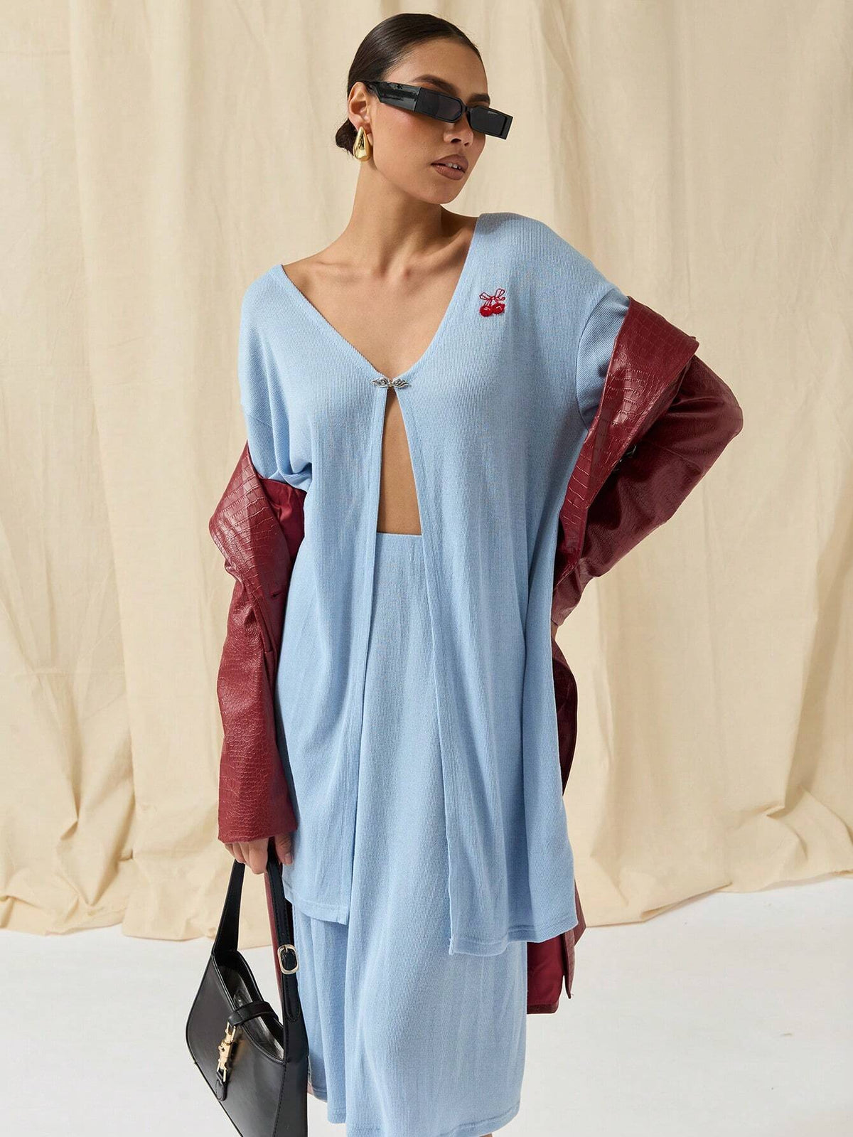 COSMINA 2pcs Women Cherry Embroidery Cardigan And Skirt Set, Casual Outfit For Autumn/Winter