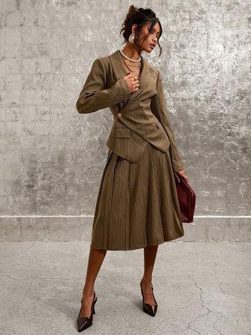 COSMINA 2pcs Women Elegant Business Striped Shawl Collar Long Sleeve Jacket And Pleated Mini Skirt Set, For Commuting In Autumn