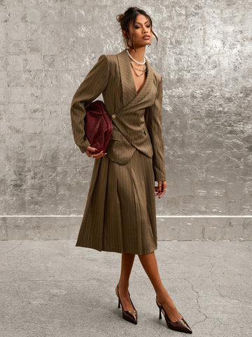 COSMINA 2pcs Women Elegant Business Striped Shawl Collar Long Sleeve Jacket And Pleated Mini Skirt Set, For Commuting In Autumn