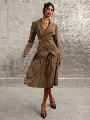 COSMINA 2pcs Women Elegant Business Striped Shawl Collar Long Sleeve Jacket And Pleated Mini Skirt Set, For Commuting In Autumn