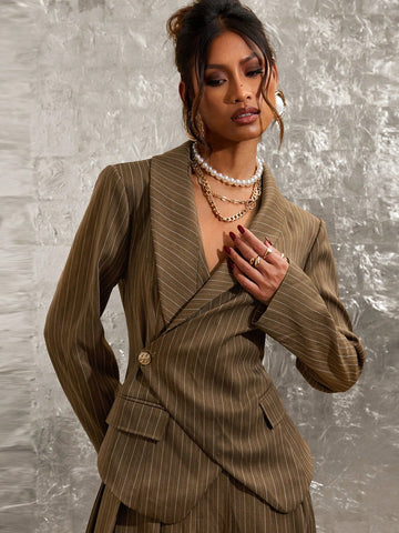 COSMINA 2pcs Women Elegant Business Striped Shawl Collar Long Sleeve Jacket And Pleated Mini Skirt Set, For Commuting In Autumn