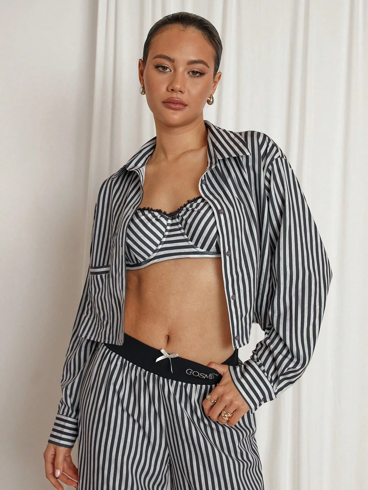 COSMINA 2pcs Women Grey Stripe Casual Lounge Set, Autumn/Winter