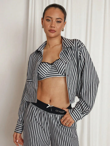 COSMINA 2pcs Women Grey Stripe Casual Lounge Set, Autumn/Winter