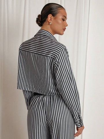COSMINA 2pcs Women Grey Stripe Casual Lounge Set, Autumn/Winter