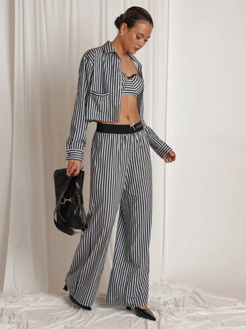 COSMINA 2pcs Women Grey Stripe Casual Lounge Set, Autumn/Winter