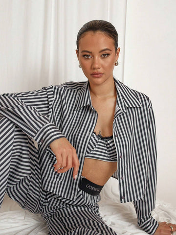 COSMINA 2pcs Women Grey Stripe Casual Lounge Set, Autumn/Winter