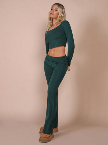 COSMINA 2pcs Women Leisure Simple Solid Color Cropped Top And Flared Pants Set