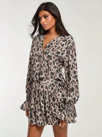 COSMINA 2pcs Women Leopard Print Bell Sleeve Blouse And Pleated Skirt Set, Casual For Autumn