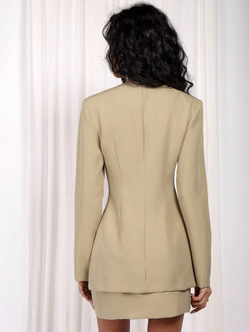 COSMINA 2pcs Women Set: Solid Color Front Button Long Sleeve Top & Skirt