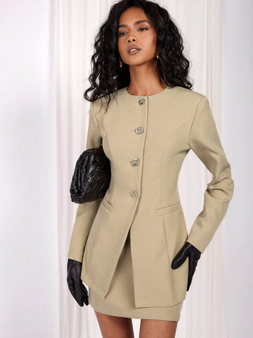 COSMINA 2pcs Women Set: Solid Color Front Button Long Sleeve Top & Skirt