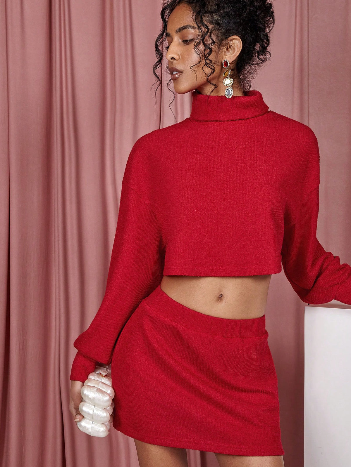 COSMINA 2pcs Women Simple Solid Color Stand Collar Long Sleeve Top And Skirt Set