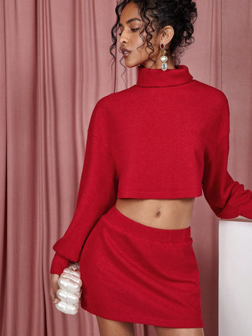 COSMINA 2pcs Women Simple Solid Color Stand Collar Long Sleeve Top And Skirt Set