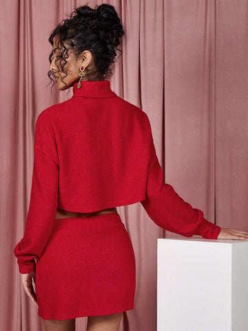 COSMINA 2pcs Women Simple Solid Color Stand Collar Long Sleeve Top And Skirt Set