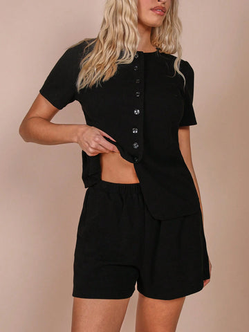 COSMINA 2pcs Women Solid Color Round Neck Short Sleeve Single Breasted Top & Shorts Casual Set
