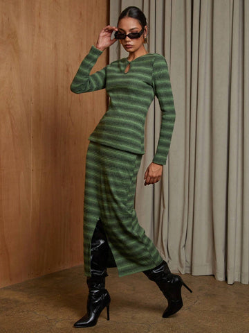 COSMINA 2pcs Women Stripe Print Round Neck Long Sleeve Top And Split Hem Skirt Set