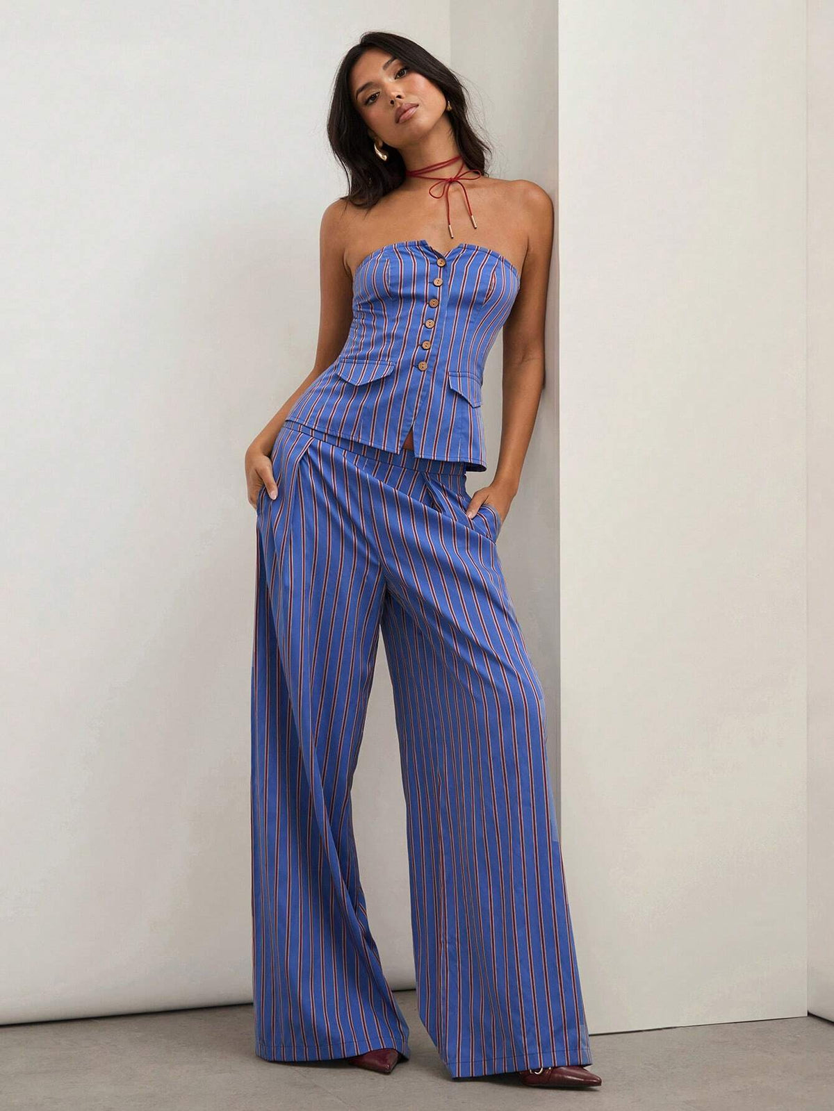 COSMINA 2pcs Women Summer Striped Button Decor Bandeau Top And Wide Leg Loose Pants Casual Set