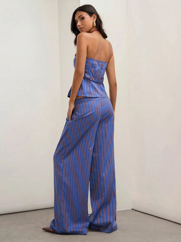 COSMINA 2pcs Women Summer Striped Button Decor Bandeau Top And Wide Leg Loose Pants Casual Set