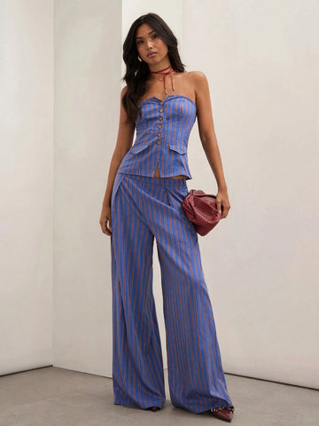 COSMINA 2pcs Women Summer Striped Button Decor Bandeau Top And Wide Leg Loose Pants Casual Set