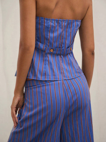 COSMINA 2pcs Women Summer Striped Button Decor Bandeau Top And Wide Leg Loose Pants Casual Set