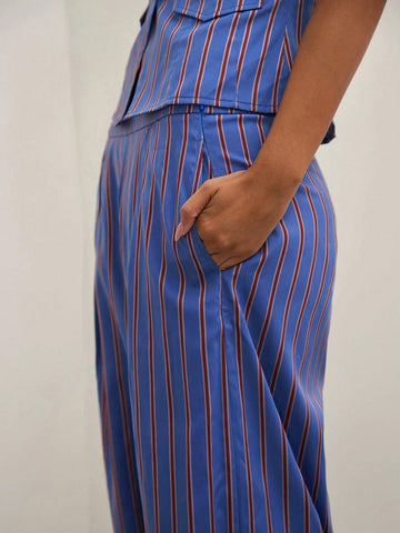 COSMINA 2pcs Women Summer Striped Button Decor Bandeau Top And Wide Leg Loose Pants Casual Set