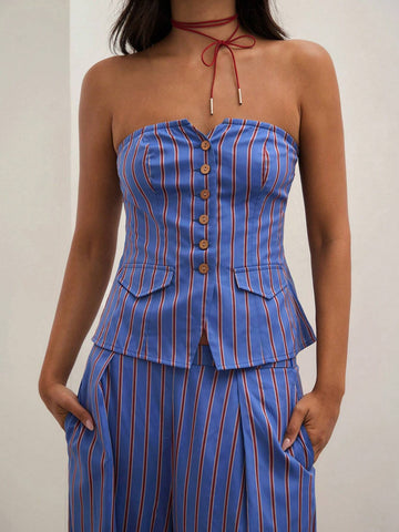 COSMINA 2pcs Women Summer Striped Button Decor Bandeau Top And Wide Leg Loose Pants Casual Set