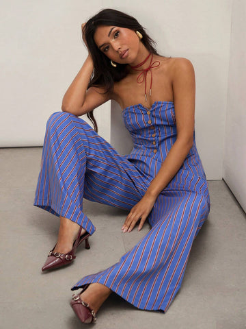 COSMINA 2pcs Women Summer Striped Button Decor Bandeau Top And Wide Leg Loose Pants Casual Set