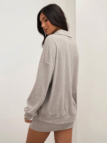 COSMINA 2pcs Women's Casual Gray Baggy Long Sleeve Drop Shoulder Zip Placket Top And Fitted Skirt Set, Spring/Fall