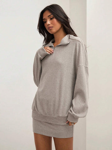 COSMINA 2pcs Women's Casual Gray Baggy Long Sleeve Drop Shoulder Zip Placket Top And Fitted Skirt Set, Spring/Fall
