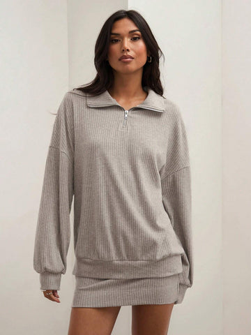 COSMINA 2pcs Women's Casual Gray Baggy Long Sleeve Drop Shoulder Zip Placket Top And Fitted Skirt Set, Spring/Fall
