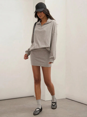 COSMINA 2pcs Women's Casual Gray Baggy Long Sleeve Drop Shoulder Zip Placket Top And Fitted Skirt Set, Spring/Fall