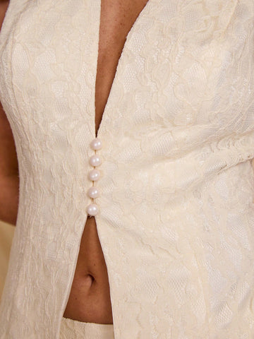 COSMINA 2pcs Women's Elegant Fitted Cream Lace Set, Spring/Summer