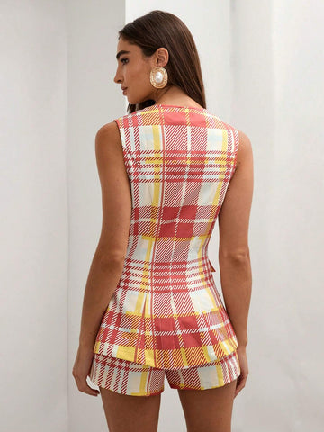 COSMINA 2pcs Women's Plaid Print Sleeveless Top And Shorts Set