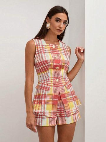 COSMINA 2pcs Women's Plaid Print Sleeveless Top And Shorts Set