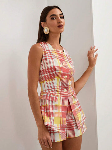 COSMINA 2pcs Women's Plaid Print Sleeveless Top And Shorts Set